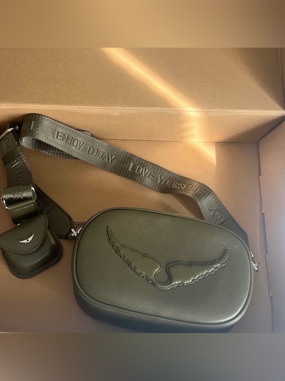 Zadig & Voltaire Olive Green Wing-Embossed Crossbody Bag